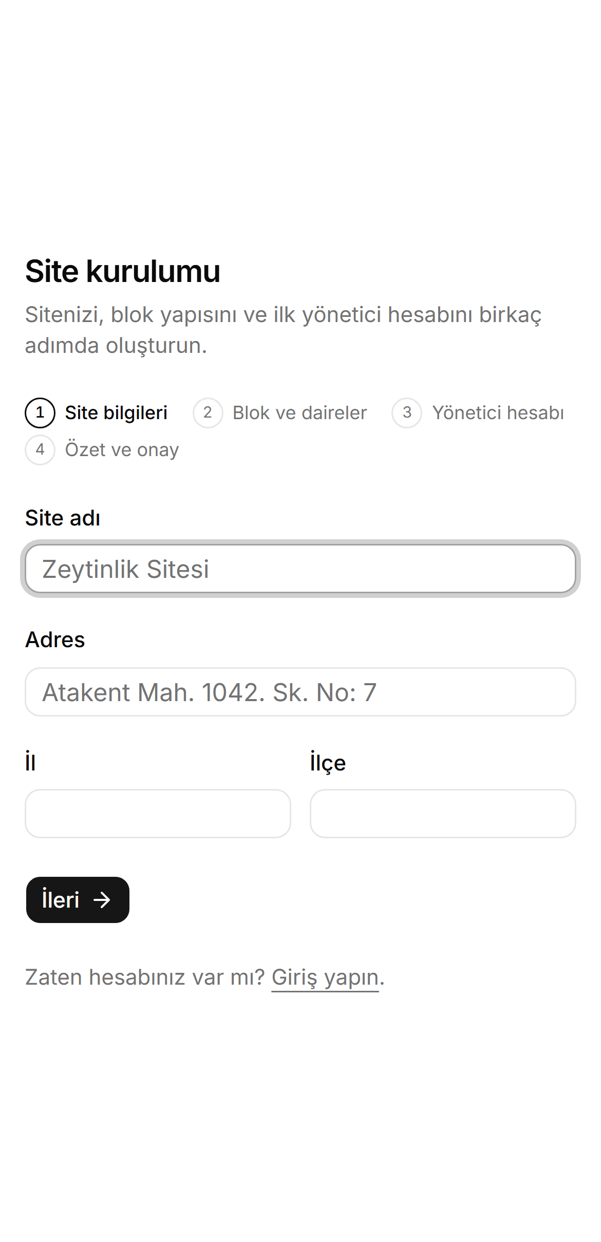 Kurulum sihirbazının ilk adımı: site adı, adres, il ve ilçe alanları